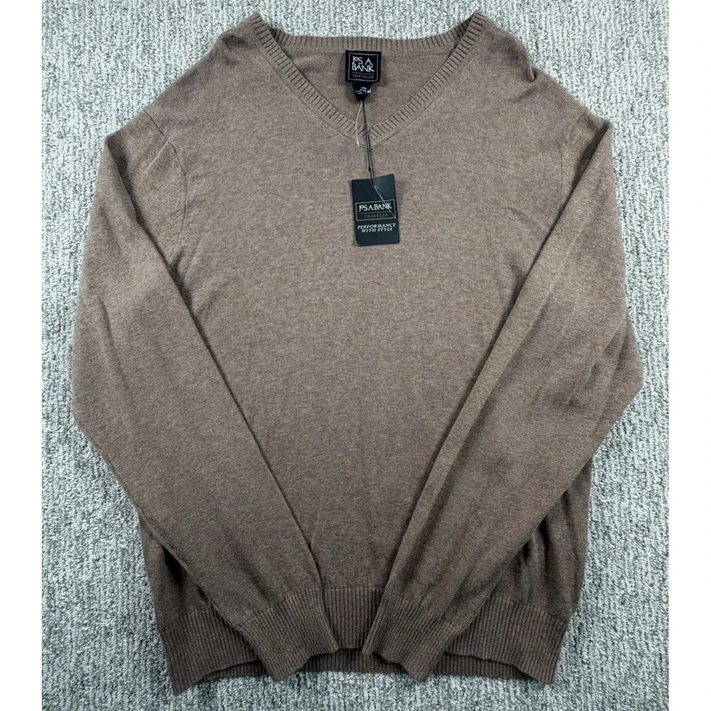 NEW Jos A Bank Sweater Mens Large Brown Traveler Pima Cotton V-Neck Pullover